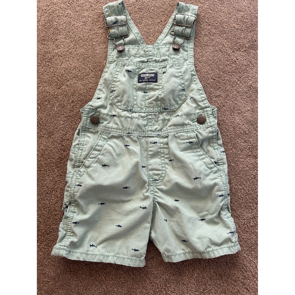 OshKosh B'gosh Toddler 2T Green Shark Print Vestbak Shortall Overalls